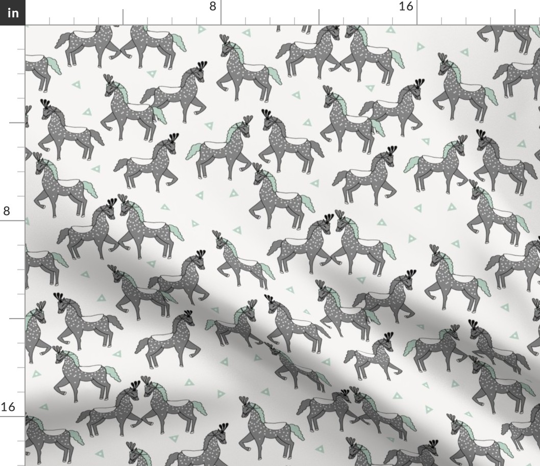 horses fabric //  circus show horses mint and grey horse design