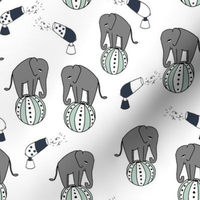elephants circus fabric // nursery baby navy and mint performer fabric white