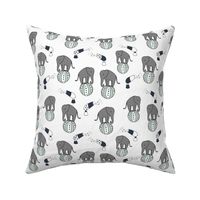 elephants circus fabric // nursery baby navy and mint performer fabric white