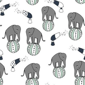 elephants circus fabric // nursery baby navy and mint performer fabric white