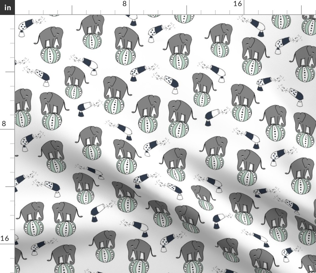 elephants circus fabric // nursery baby navy and mint performer fabric white