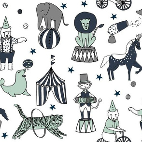 circus animals fabric //  navy mint and grey nursery fabric circus big top design by andrea lauren