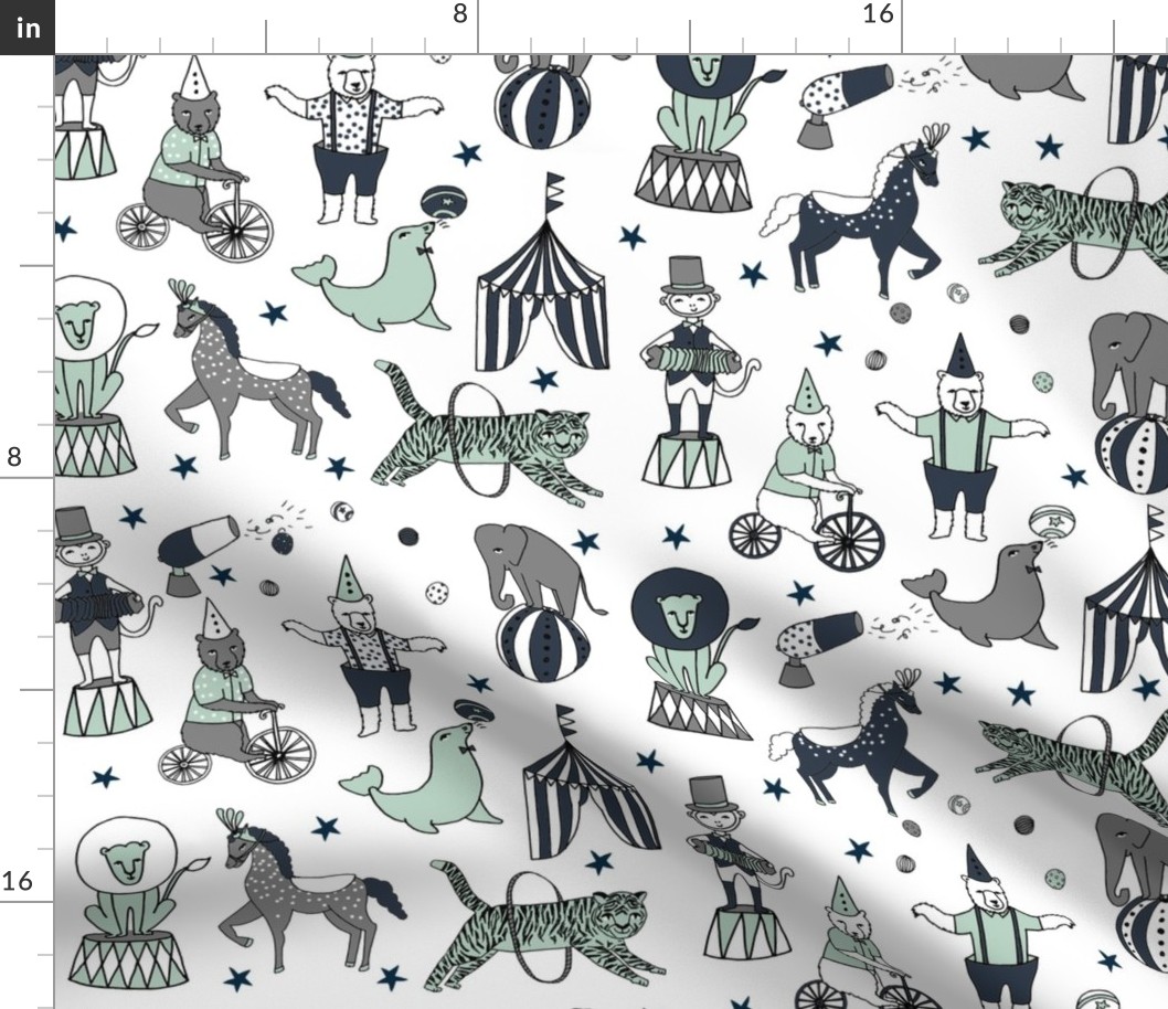 circus animals fabric //  navy mint and grey nursery fabric circus big top design by andrea lauren