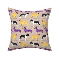 Dogs in the park // grey cream purple yellow pug dachshund boston terrier sausage dog spots 