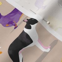 Dogs in the park // grey cream purple yellow pug dachshund boston terrier sausage dog spots 