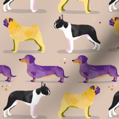 Dogs in the park // grey cream purple yellow pug dachshund boston terrier sausage dog spots 