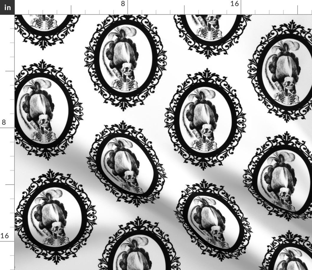 8 Marie Antoinette french France Queen Empress poufs skulls skeletons Victorian elegant gothic lolita Baroque Rococo Princess monochrome black white filigree borders frames medallions  morbid macabre scary parody caricature egl  