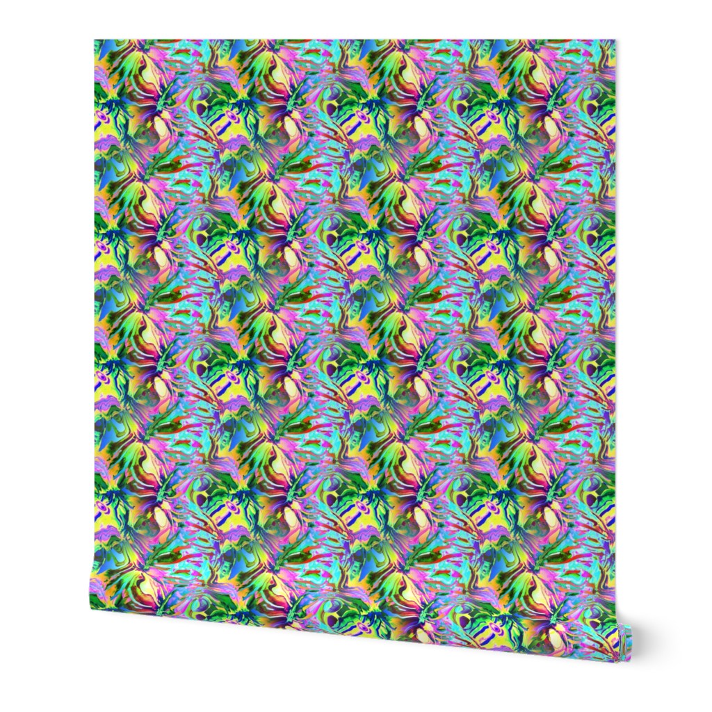 INCREDIBLE FRUITY FLOWERS FLOWERY FRUITS ABSTRACT STRIPES 2 YELLOW AQUA TURQUOISE