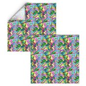 INCREDIBLE FRUITY FLOWERS FLOWERY FRUITS ABSTRACT STRIPES 2 YELLOW AQUA TURQUOISE