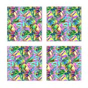 INCREDIBLE FRUITY FLOWERS FLOWERY FRUITS ABSTRACT STRIPES 2 YELLOW AQUA TURQUOISE