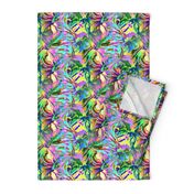 INCREDIBLE FRUITY FLOWERS FLOWERY FRUITS ABSTRACT STRIPES 2 YELLOW AQUA TURQUOISE