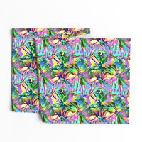 INCREDIBLE FRUITY FLOWERS FLOWERY FRUITS ABSTRACT STRIPES 2 YELLOW AQUA TURQUOISE