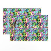 INCREDIBLE FRUITY FLOWERS FLOWERY FRUITS ABSTRACT STRIPES 2 YELLOW AQUA TURQUOISE