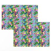 INCREDIBLE FRUITY FLOWERS FLOWERY FRUITS ABSTRACT STRIPES 2 YELLOW AQUA TURQUOISE