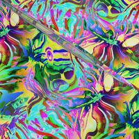 INCREDIBLE FRUITY FLOWERS FLOWERY FRUITS ABSTRACT STRIPES 2 YELLOW AQUA TURQUOISE