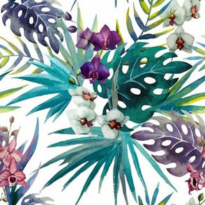 Topical Hawaii Watercolor Orchid Flowers Pineapple 9 Inch Pattern Repeat