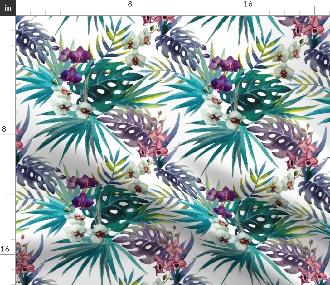 Topical Hawaii Watercolor Orchid Flowers Pineapple 9 Inch Pattern Repeat
