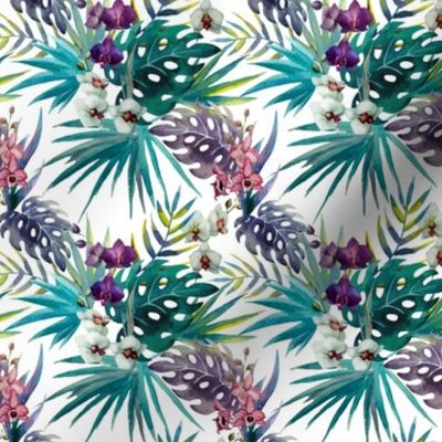 Topical Hawaii Watercolor Orchid Flowers Pineapple  4.2 Inch Pattern Repeat