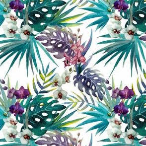 Topical Hawaii Watercolor Orchid Flowers Pineapple  4.2 Inch Pattern Repeat