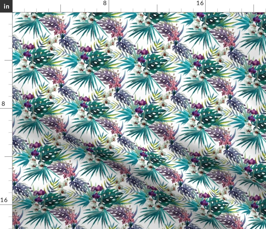 Topical Hawaii Watercolor Orchid Flowers Pineapple  4.2 Inch Pattern Repeat