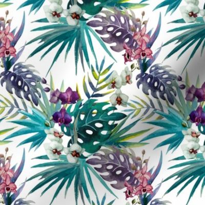 Topical Hawaii Watercolor Orchid Flowers Pineapple 5.25 Inch Pattern Repeat