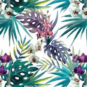 Topical Hawaii Watercolor Orchid Flowers Pineapple 5.25 Inch Pattern Repeat