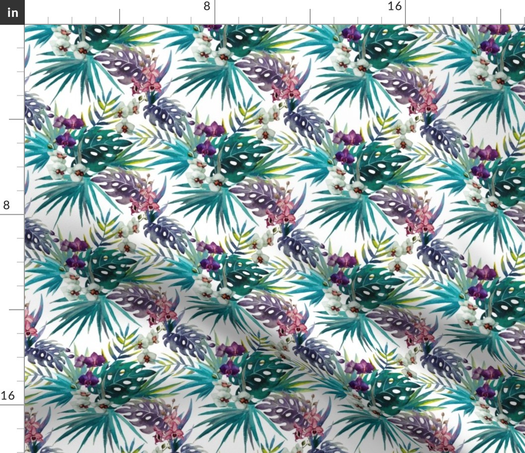 Topical Hawaii Watercolor Orchid Flowers Pineapple 5.25 Inch Pattern Repeat