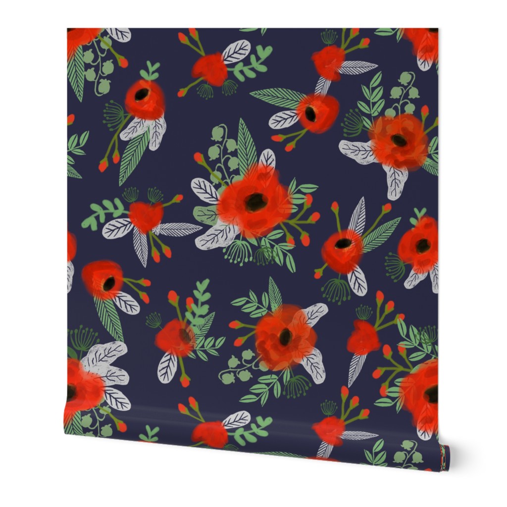 poppies floral fabric - dark navy