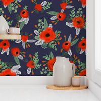 poppies floral fabric - dark navy