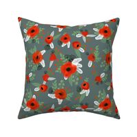 poppy floral fabric - dark green