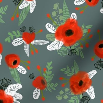 poppy floral fabric - dark green