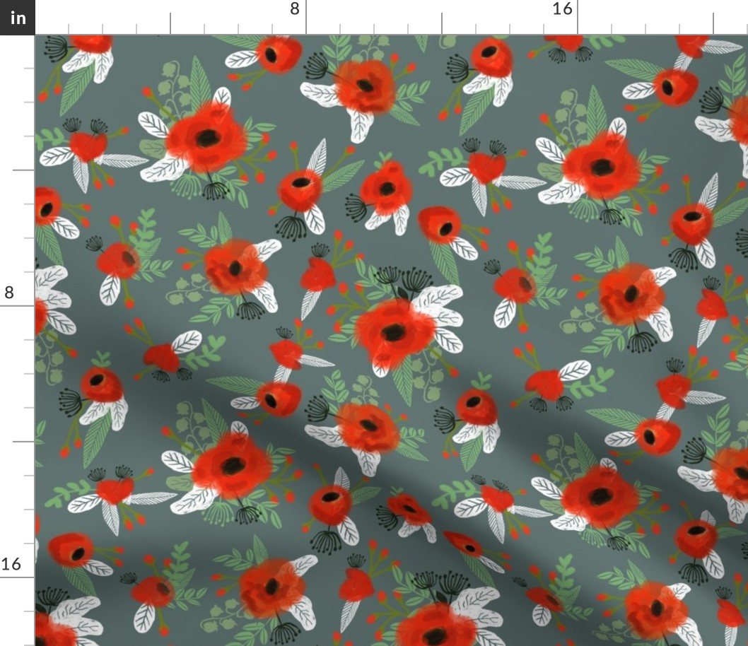 poppy floral fabric - dark green