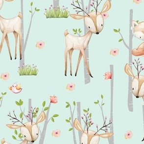 Sweet Woodland Animals (soft mint) Deer Fox Raccoon Birch Trees Flowers Baby Girl Nursery Blanket Sheets Bedding A