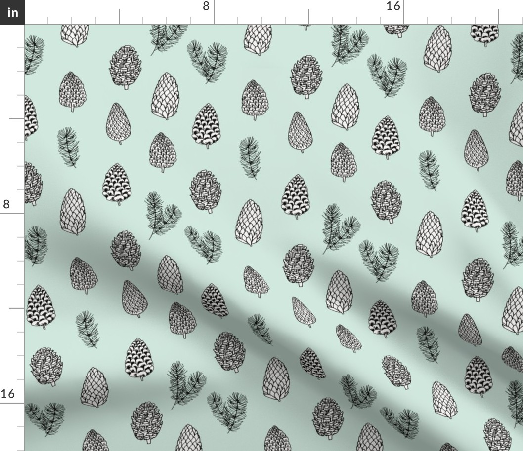 Pinecone nature forest fabric pattern // pastel mint pinecones by andrea lauren
