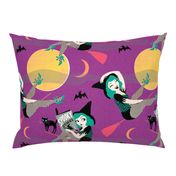 Vintage Halloween Pin Up Witch Girl // purple green moon black cat sexy cute retro saucy leopard print bat