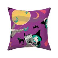 Vintage Halloween Pin Up Witch Girl // purple green moon black cat sexy cute retro saucy leopard print bat
