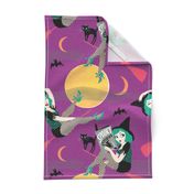 Vintage Halloween Pin Up Witch Girl // purple green moon black cat sexy cute retro saucy leopard print bat