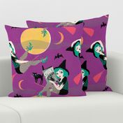 Vintage Halloween Pin Up Witch Girl // purple green moon black cat sexy cute retro saucy leopard print bat