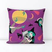 Vintage Halloween Pin Up Witch Girl // purple green moon black cat sexy cute retro saucy leopard print bat