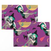 Vintage Halloween Pin Up Witch Girl // purple green moon black cat sexy cute retro saucy leopard print bat