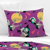 Vintage Halloween Pin Up Witch Girl // purple green moon black cat sexy cute retro saucy leopard print bat