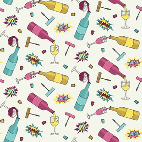 Wine bottles and glasses in aqua, yellow, pink in half-tone texture