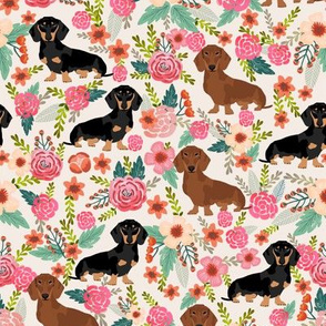 doxie florals fabric dachshund black and tan and brown dachshund design - cream