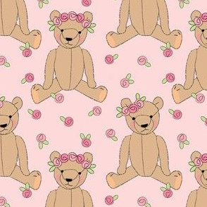 brown teddy bears and rosebuds on pink