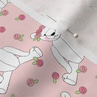 white teddy bears and roses on pink