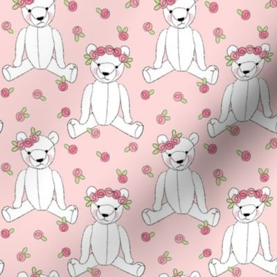 white teddy bears and roses on pink