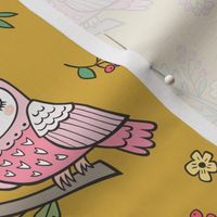 Dreamy Owl on a Branch with Flowers,Berries and Leaves on Mustard Yellow