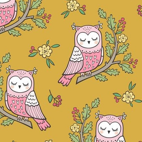Dreamy Owl on a Branch with Flowers,Berries and Leaves on Mustard Yellow