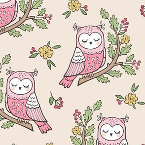 Dreamy Owl on a Branch with Flowers,Berries and Leaves