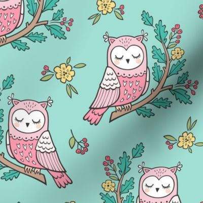 Dreamy Owl on a Branch with Flowers,Berries and Leaves on Mint Green